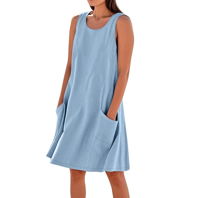 Kyusrd Robe Débardeur d'Été pour Femmes Robe Courte Col Rond Sans Manches Robe T-Shirt Robe Trapèze Robe en Lin avec Poche