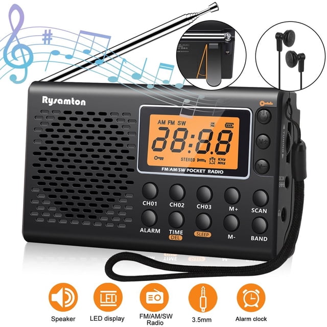 Small AM/FM/SM portable transistor radio with great reception by DEBGFS, featuring a compact black design, large speaker, and backlit display. The radio includes buttons for channel switching, volume adjustment, and sleep timer settings. It supports FM, AM, and SW frequencies, has a standard 3.5mm headphone jack, and offers 35 preset stations. The visible antenna enhances signal reception, and the display shows time and station information. Suitable for indoor and outdoor use, ideal for emergencies or as a gift for all ages.