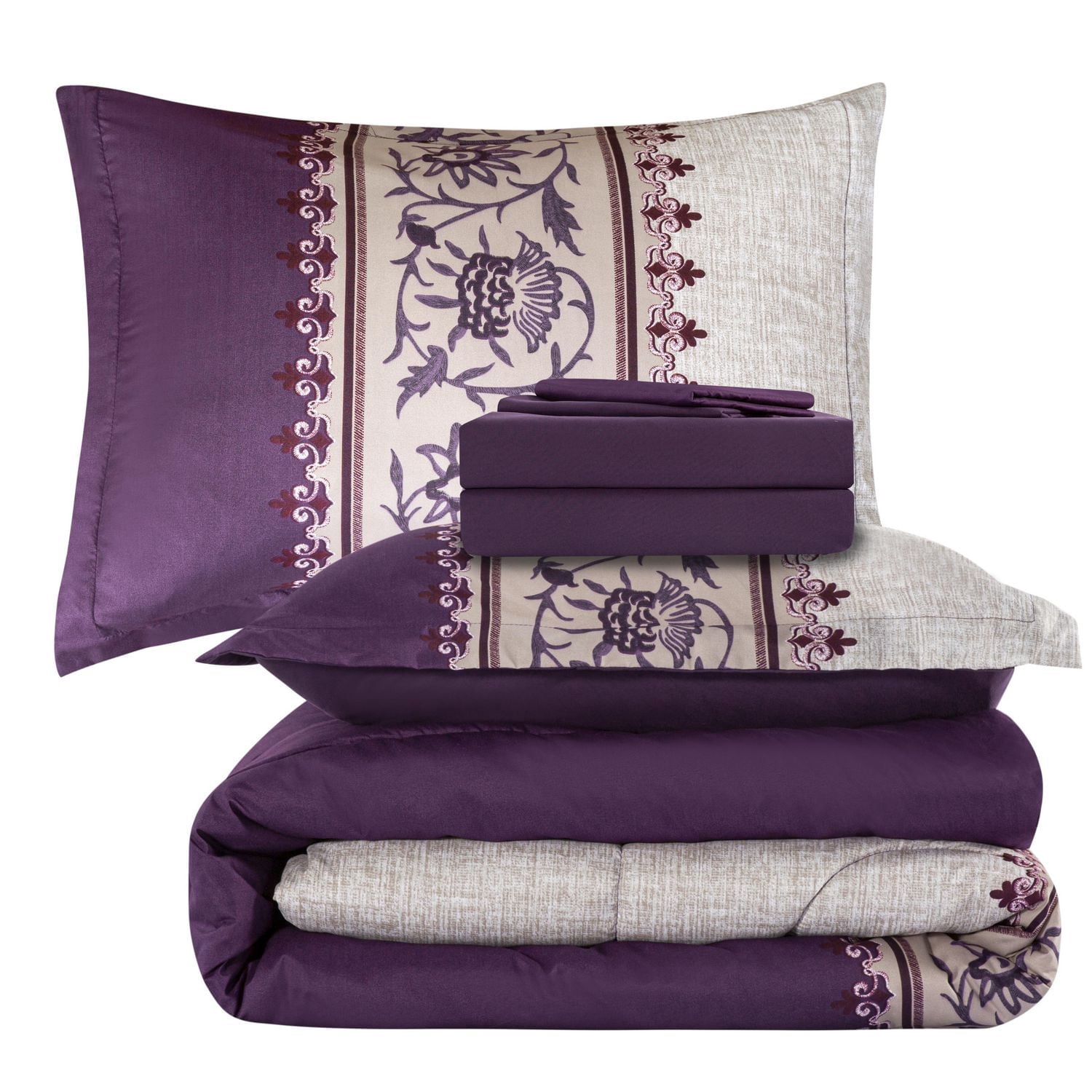 Marina Décoration Literie luxueuse ultra douce en duvet d'oie, alternative au duvet d'oie, richement imprimée, avec draps et motif floral moderne aubergine aster