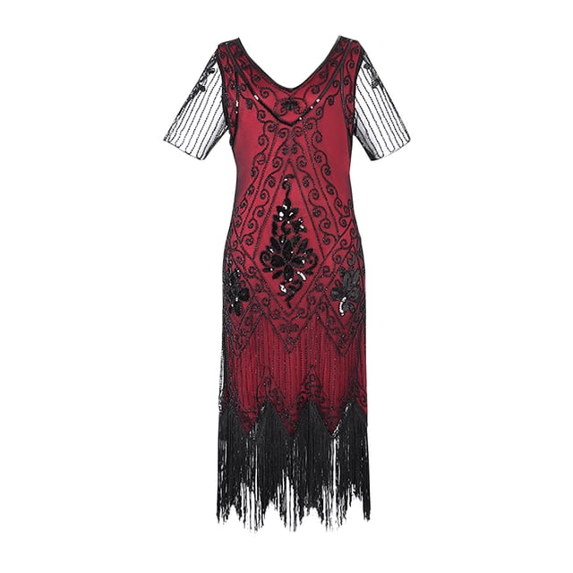 Pisexur Robe à Manches Courtes à Col en V Longueur Genou Femmes Robe à Col en V à Manches Courtes à Paillettes avec Franges Robe de Fête Banquet Danse Robe Courte Robe Femmes Robe