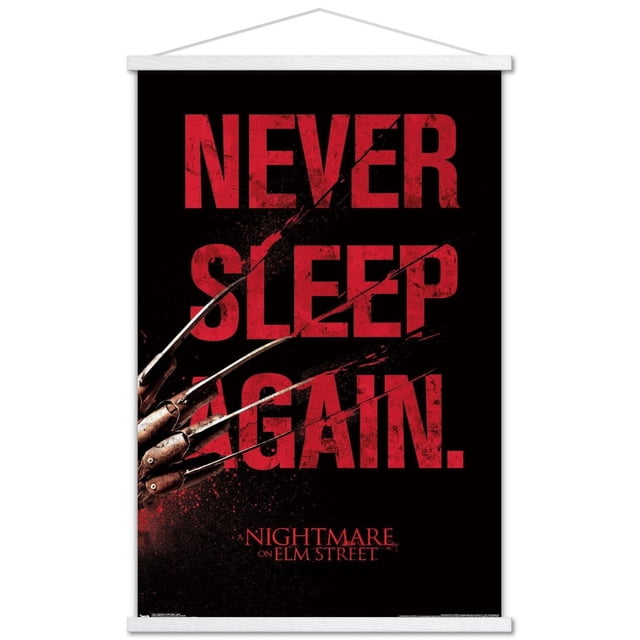 Un Cauchemar sur Elm Street - Affiche Murale de Sommeil, 22,375 Pouces x 34 Pouces Encadrée, Présentant un Texte Rouge Audacieux et Usé « Ne Jamais Dormir de Nouveau. » sur Fond Noir avec le Gant Griffe en Métal de Freddy Krueger Tranchant les Lettres, Idéal pour la Déco de Chambre à Thème d'Horreur Ou la Décoration de Fête.