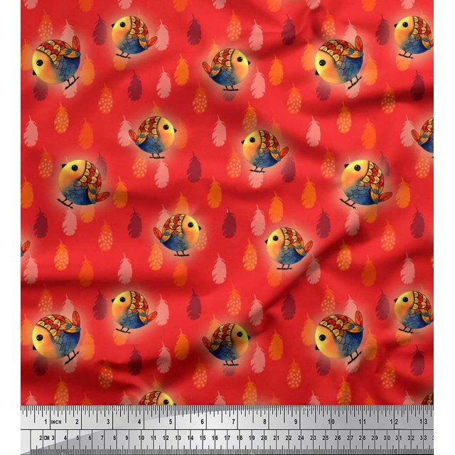 Soimoi Poly Georgette Fabric Feather & Bird Cartoon Printed Craft Fabric by The Yard 52 Inch Wide