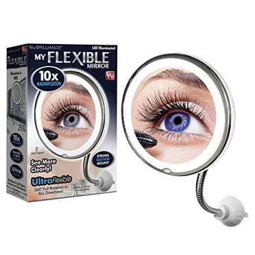 NU Brilliance My Flexible Mirror Miroir de Maquillage Grossissement 10X avec Lumière DEL, Diamètre de 8 Pouces, Montage à Forte Aspiration, Rotation Réglable à 360°