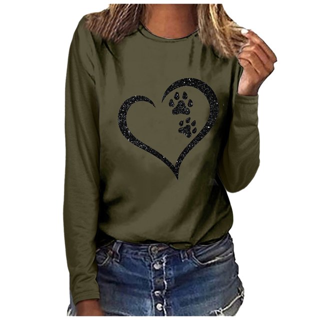 Besolor Tuniques Automne Printemps pour Femmes 2024 Imprimé Cœur Col Rond Manches Longues Chemises Décontractées Amples Blouse Tee
