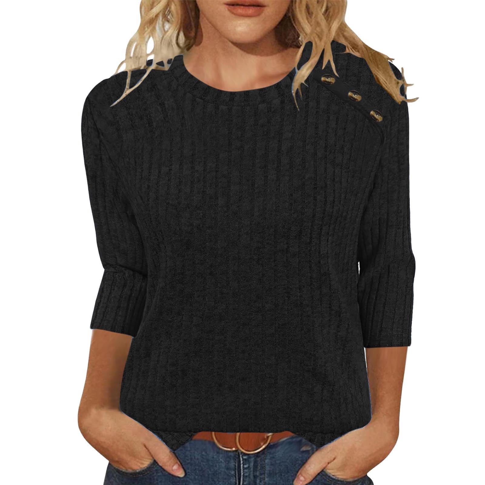 Pincandy Chandails pour Femmes Mode d'Automne Hauts à Manches 3/4 Col Ras du Cou Chemises à Boutons Chandail Décontracté Mignon Vêtements d'Hiver