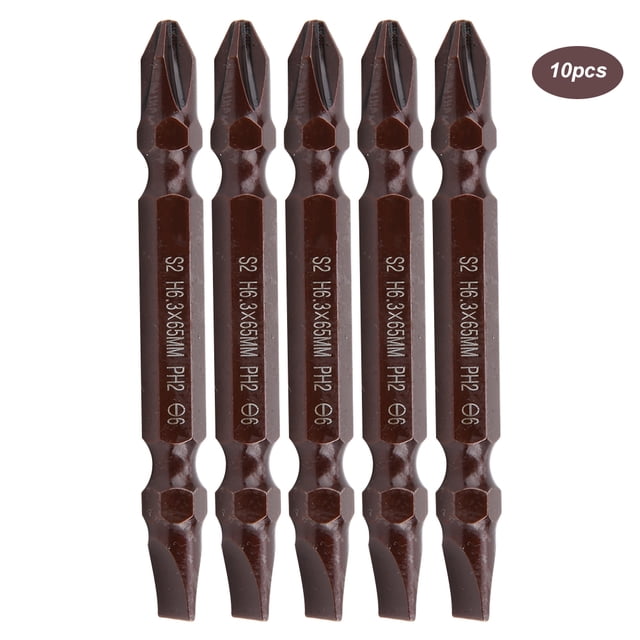 10-Pack Magnetic Double-Ended Screwdriver Bits, S2 Steel 6.3mm Shank x 65mm Length, PH2/SL6 Cross/Slotted Tips, High-Durability Hardware Tools for Screw Fixing, Red Finish, Precision Bite Design to