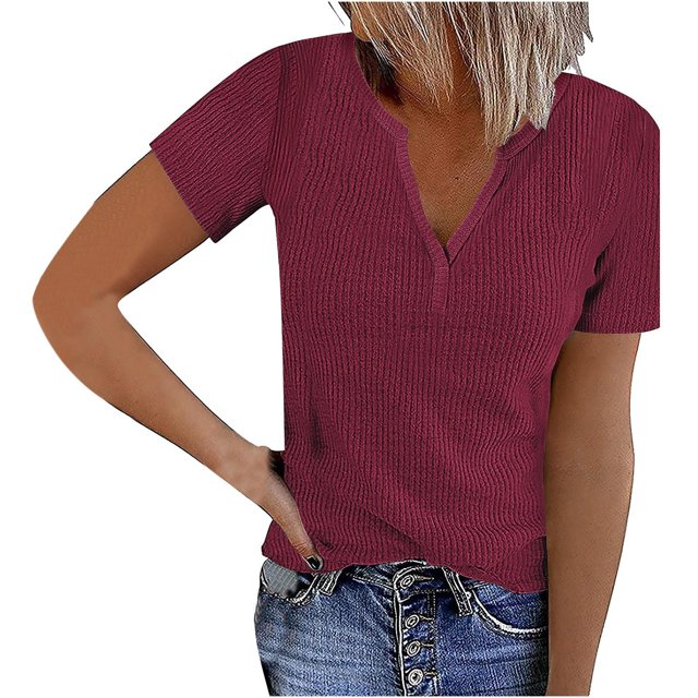 AherBiu Plus Size Tops for Women Summer Ribbed Knitted Casual Tops Stretchy Comfy Loose V Neck T Shirts