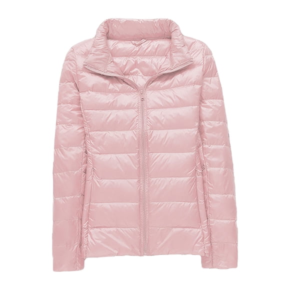 Hontri Women's Puffer Jackets, Women's Casual Solid Color Light Down Jacket White Duck Down Collar Down Jacket Pink L