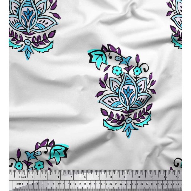 Soimoi Polyester Crepe Fabric Leaves & Floral Block Print Fabric by Yard 52 Inch Wide