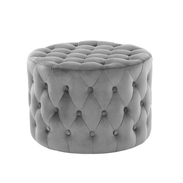 K-LIVING DEAN Gris Tufté en Microsuède OTTOMAN, Rond Gris OTTOMAN avec Capitonnage Profond à Boutons sur le Dessus et les Côtés, Rembourré en Tissu Microsuède Doux, Idéal pour des Sièges Ou Repose-Pieds Supplémentaires dans les Meubles de Salon.