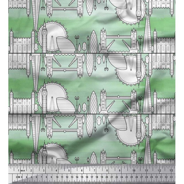 Soimoi Green Silk Fabric London Theme Architectural Print Sewing Fabric Yard 42 Inch Wide