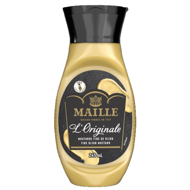 Maille Dijon Mustard L'Original Squeeze 245ml bottle with smooth yellow mustard, black flip-top cap, and black label with gold and white text stating fine Dijon mustard and 100% recycled bottle, ideal for enhancing flavors in cooking.