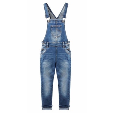 KIDSCOOL SPACE Salopette en Jean Délavée Usée en Denim Déchiré en Coton pour Filles, Bleu Foncé, 9-10 Ans