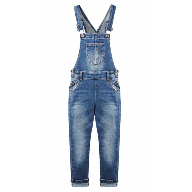 KIDSCOOL SPACE Salopette en Jean Délavée et Usée en Coton Déchiré pour Filles, Bleu Foncé, pour 7-8 Ans. Conçue pour les Ensembles de Tenues pour Filles, Elle Comprend des Bretelles Ajustables, une Poche à Bavette avant, des Poches Latérales et sur les Hanches, et des Jambes Relevables. Fabriquée en Denim Doux Délavé pour le Confort et le style.