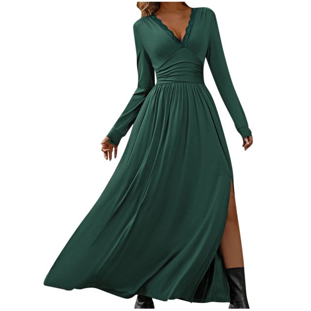 Pisexur Robes de Retour à la Maison pour Femmes Robes d'Automne Couleur Unie Tunique Col en V Robe Maxi Mode Fendue Robe Cocktail Décontractée Fluide Manches Longues Robe Formelle Enveloppante Robe d'Invité de Mariage