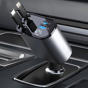 DEBGFS PENGX 4 en 1 Chargeur de voiture rétractable 100W Chargeur de téléphone de voiture rapide avec et câble de type C et 2 Adaptateur de chargeur de voiture pour ports de recharge