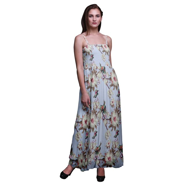 Bimba Robe à Bretelles Smockée en Georgette pour Femmes à Imprimé Floral et Martin-Pêcheur - Moyen