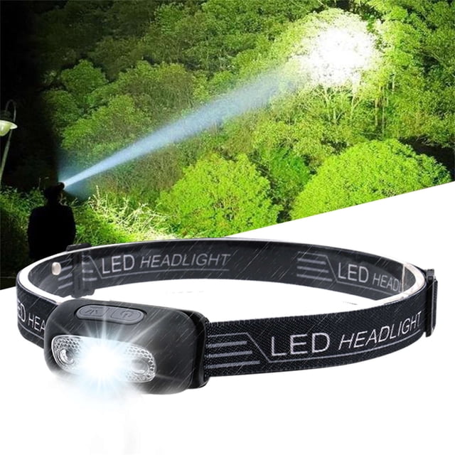 EGNMCR Induction Headlight Strong Light USB Direct Charge Lithium Battery Portable LED Repair Night Fishing Headlight featuring a black elastic headband and dual LED lights. The headlamp is lightweight, adjustable, and includes motion sensor functionality. A bright beam illuminates a forest setting, highlighting its 1100-lumen brightness, IPX4 waterproof rating, and rechargeable 1500mAh battery. Ideal for outdoor activities like camping, jogging, and fishing.