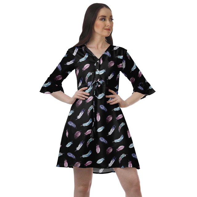 Moomaya Robe Courte à Cordon Imprimée en Poly-Crêpe pour Femmes, Robe Chemise à Manches à Volants