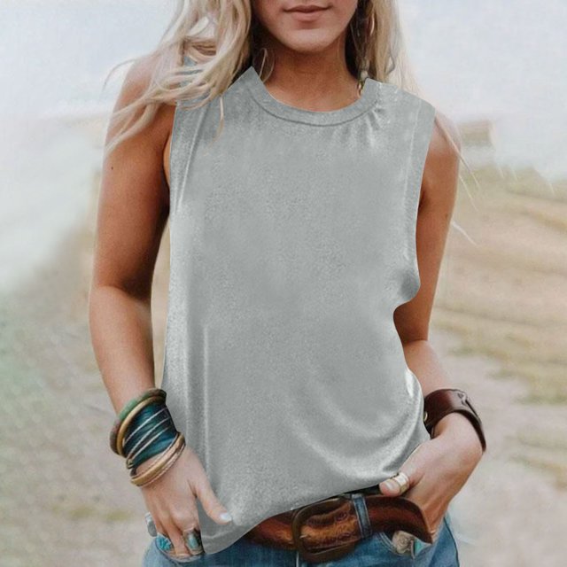Débardeurs pour Femmes Zeophrasy Chemise Sans Manches pour Femmes Couleur Unie Col Rond Chemise Décontractée Débardeurs Blouse Sans Manches Excellent Cadeau à Petit Prix Argent TTG