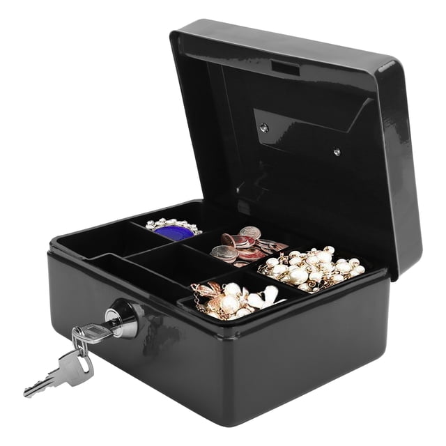 Cash Box Cash Box Steel 6In Mini Portable Cash Box Lockable Security Money Safe Box With Key Lock Use. A compact black steel cash box with a key lock mechanism, shown open to reveal multiple compartments storing coins, jewelry, and small items. Includes two keys for secure access and a lightweight handle for portability. Suitable for use at home, in offices, schools, or market stalls.