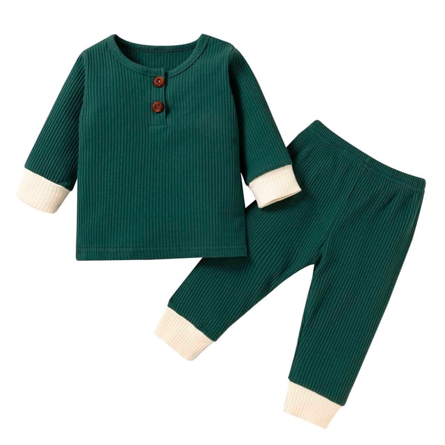IROINID Discount Baby Boy Girl Pants Newborn Solid Color Long Sleeve Suit Trousers French Rib Suit in green. The set includes a ribbed long-sleeve top with button details and matching trousers, both featuring a soft polyester fabric with a ribbed texture. The cuffs are accented with a contrasting cream color. Suitable for babies aged 0-24 months, ideal for casual wear, daily use, or photoshoots.
