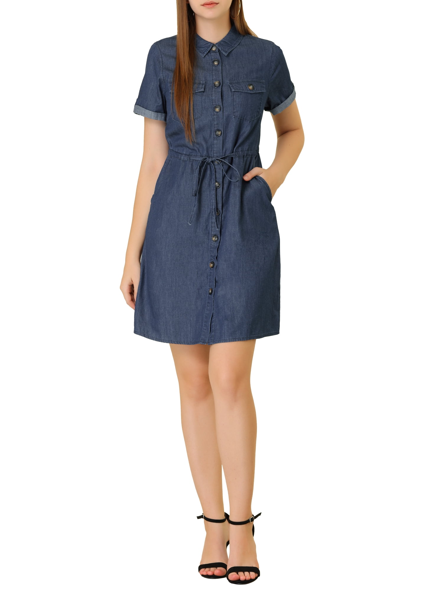 INSPIRE CHIC Women's Casual Button Front Summer Short Sleeve Dresses M Medium Blue