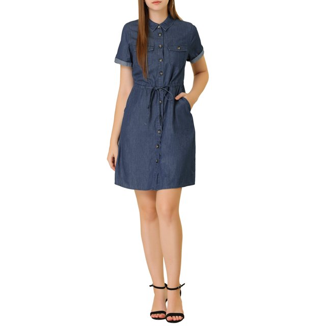 INSPIRE CHIC Women's Casual Button Front Summer Short Sleeve Dresses L Medium Blue