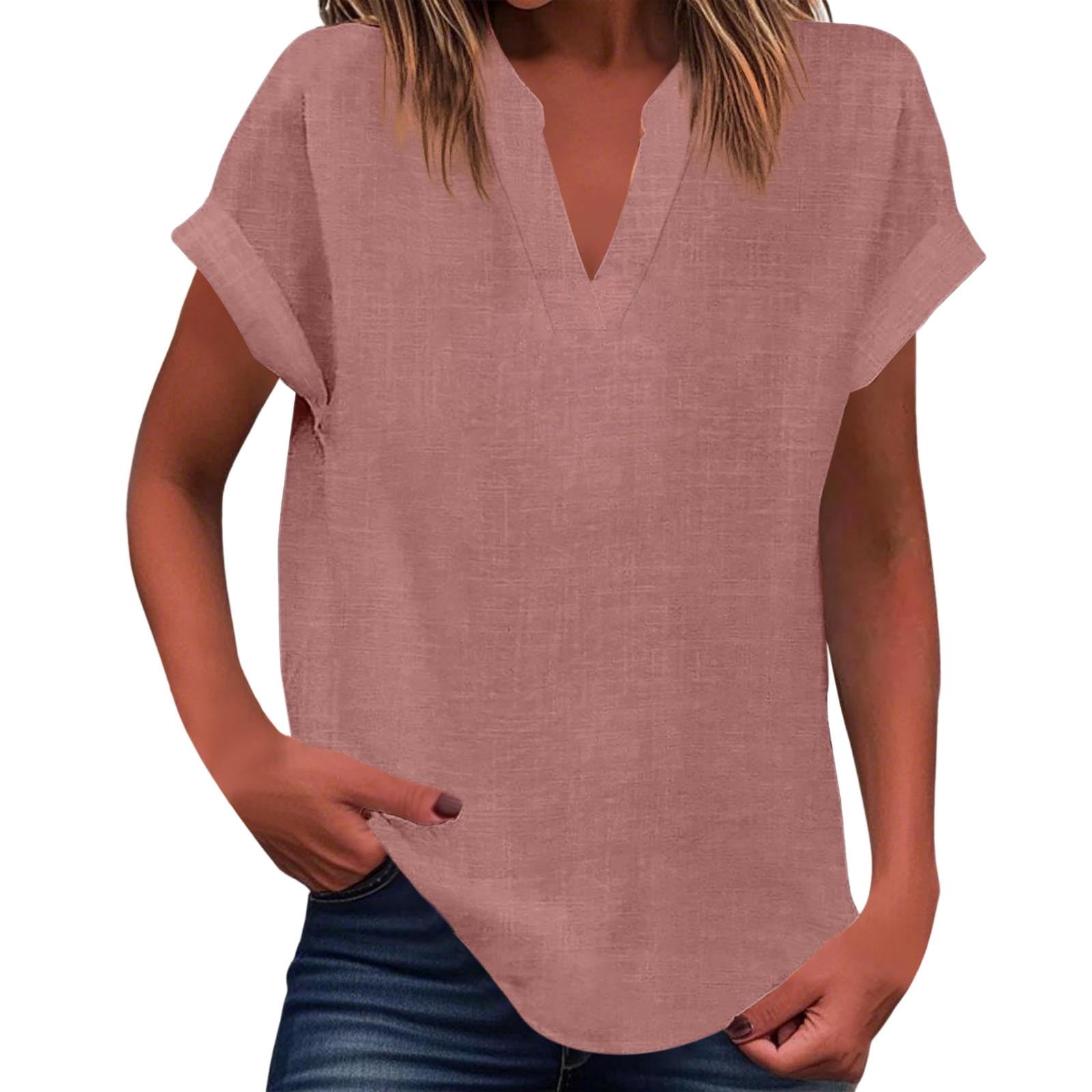 WEIYLL Ladies T Shirts Summer Loose Fit V Neck Curved Hem Flowy Solid Pink Tee Sizes XXXXL