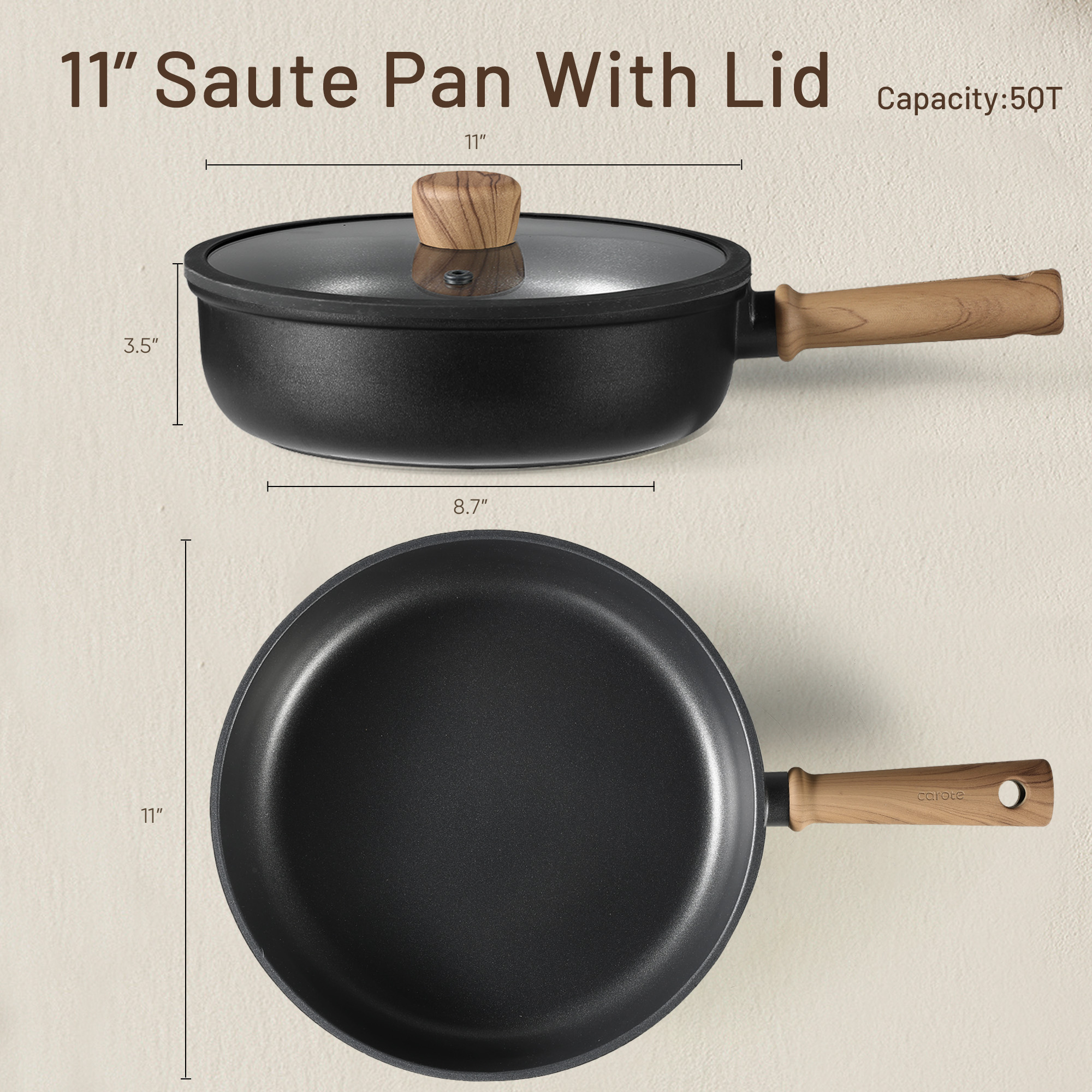 Poêle sauteuse antiadhésive en titane Carote avec couvercle, 28 cm (11") – Grande capacité 5L, compatible tous feux, y compris induction, passe au lave-vaisselle – Noir