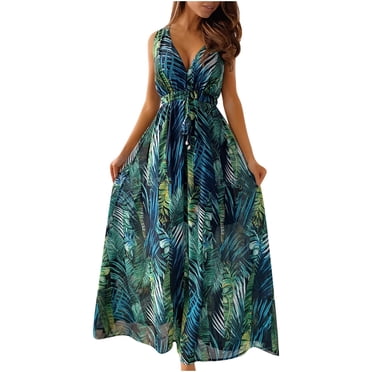 Pisexur Robes d'Été pour Femmes 2024 à Imprimé Floral Hawaïen, Robes Bohèmes, Mode, Col en V, Sans Manches, Dos Nu, Robe Soleil, Taille Ajustable, Tunique, Robes Maxi pour Femmes, Vintage, Fluide, Décontractée, Robe de Plage