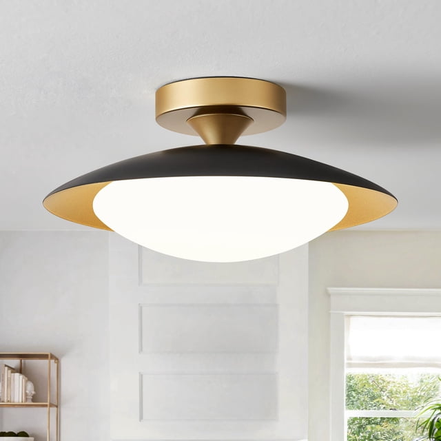 Dimmable Modern Mid-Century Ceiling Light, Black and Gold LED Semi Flush Mount Ceiling Light, 5CCT 2700K-6000K Lighting Fixture Ceiling Lamp with Gla