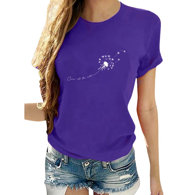 Innerwin Hauts Imprimé Pissenlit T-Shirts pour Femmes Vacances Col Rond Vintage Violet 2TG