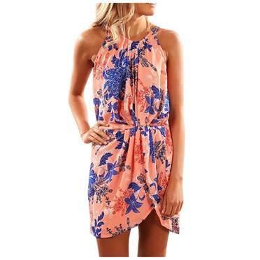 Birdeem Women Fashion Halter Round-Neck Printing Sleeveless Drawstring Casual Dresses