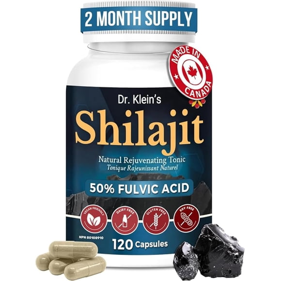 Dr. Klein's Natural Shilajit for Men & Women. 250mg daily dose. 50% Fulvic Acid. Pure Himalayan Shilajit. Ayurvedic Rasayana. Vegan & Gluten Free. Made in Canada. 120 Capsules.