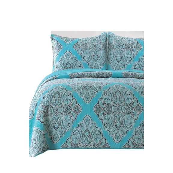 Gouchee Home Windsor Quilt Set – Queen Size Turquoise 3-Piece Bedding Set, Cotton Prewashed Quilt with Elegant Black & White Medallion Pattern, Lightweight All-Season Bedspread & Matching Pillow Shams