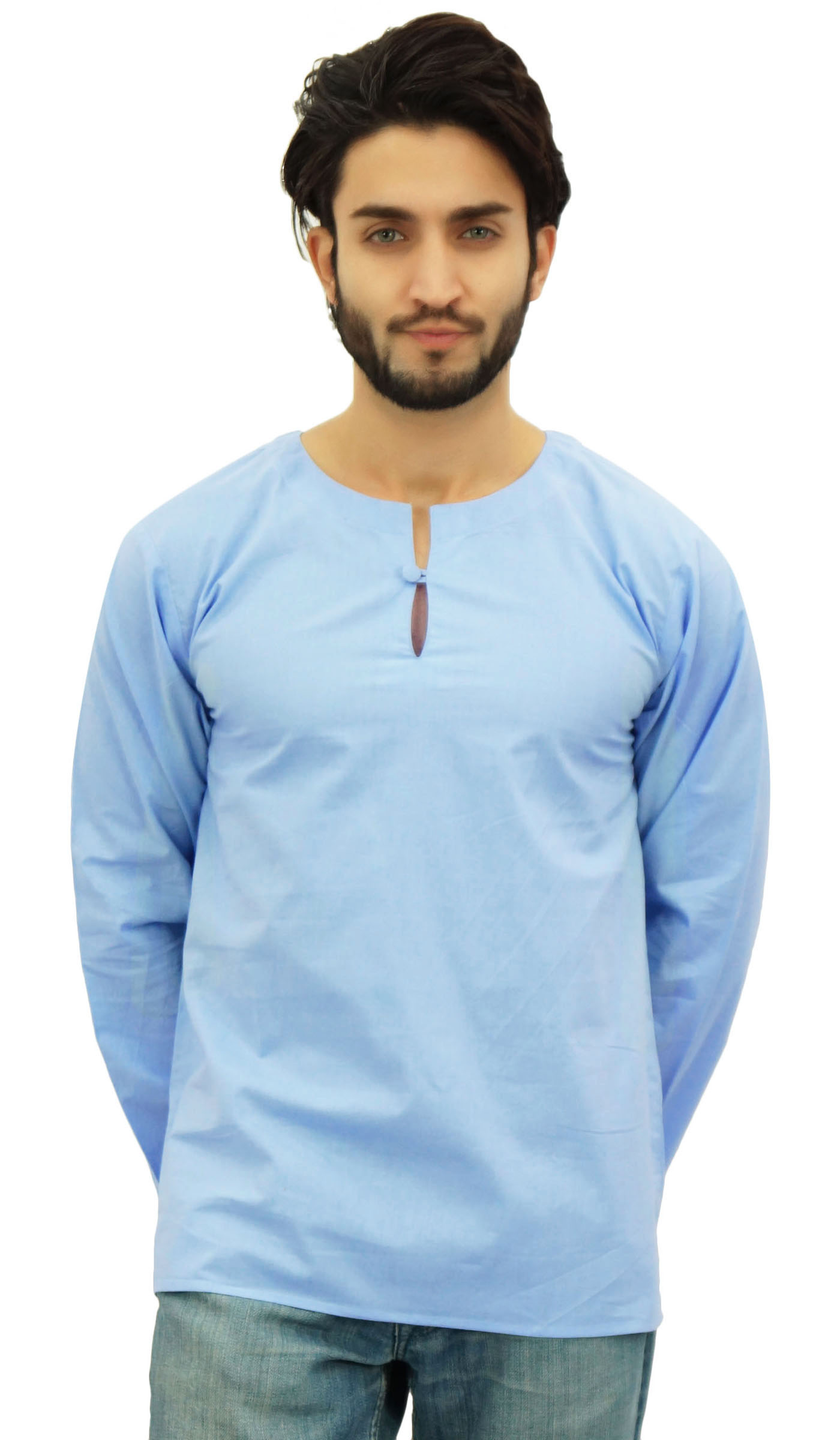 Atasi Men's Sky Blue Short Kurta Round Keyhole Neck Cotton Shirt