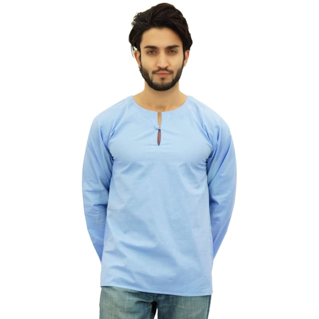 Atasi Kurta Court Bleu Ciel pour Homme, Col Rond à Goutte, Chemise en Coton