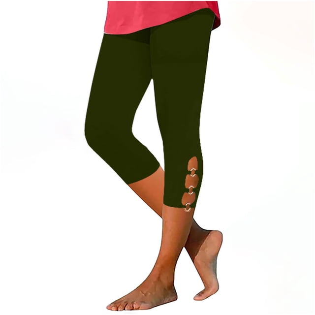 Timegard Womens Capri Pants Elastic Waisted Cutout Slim Solid Color Comfy Short Leggings Bottom Trousers