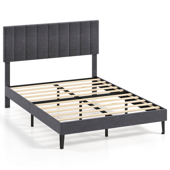 Costway Full Size Bed Frame with Height Adjustable Vertical Channel Headboard, Noise Free Gray