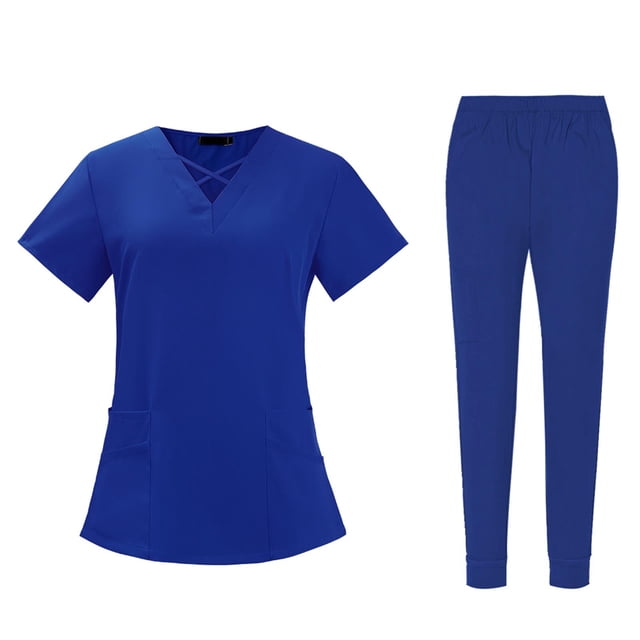 TISHITA Nursing Scrub Set Comfortable Breathable with Pockets Fashion Tops Pants Bright Blue S