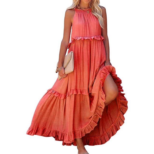 Robes pour Femmes Robe Maxi Sans Manches Décontractée Fluide à Volants Élégante Robe de Soleil Unie Rouge Melon D\'eau S