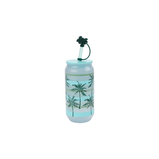 Mainstays Palm Tree Color-Changing Acrylic Sipper Tumbler, 580mL, featuring a clear double-walled acrylic body with green palm tree motifs over blue and green stripes. It has a secure blue lid and reusable straw topped with a green palm tree. Suitable for outdoor hydration and casual travel use.
