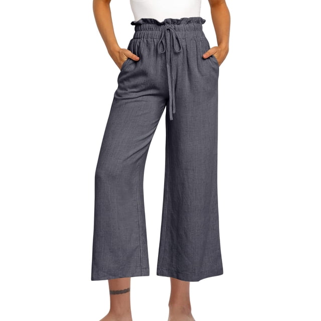 Yuyuzo Cotton Linen Pants for Women High Waisted Ruffle Drawstring Wide Leg Ankle Length Trousers