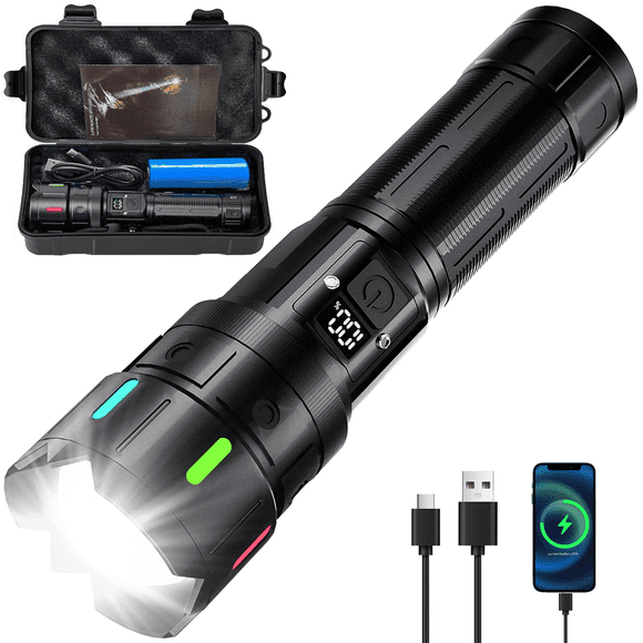 Lampe de Poche Rechargeable, 2000 Lumens Élevés, 5 Modes Lampe de Poche DEL Super Brillante, Recharge USB-C, 1000 m Longue Portée, Étanchéité IPX54 pour le Camping et la Randonnée