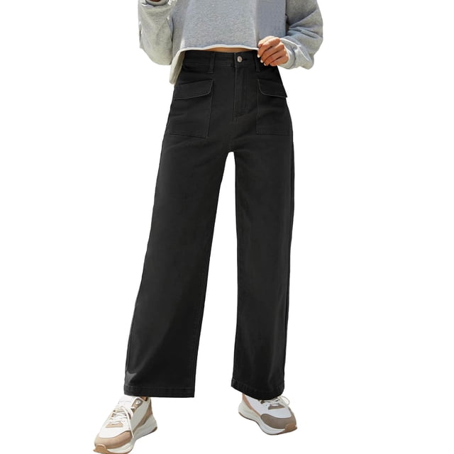 Bmisegm Jeans Cargo Amples Taille Haute pour Femmes, Noir, m