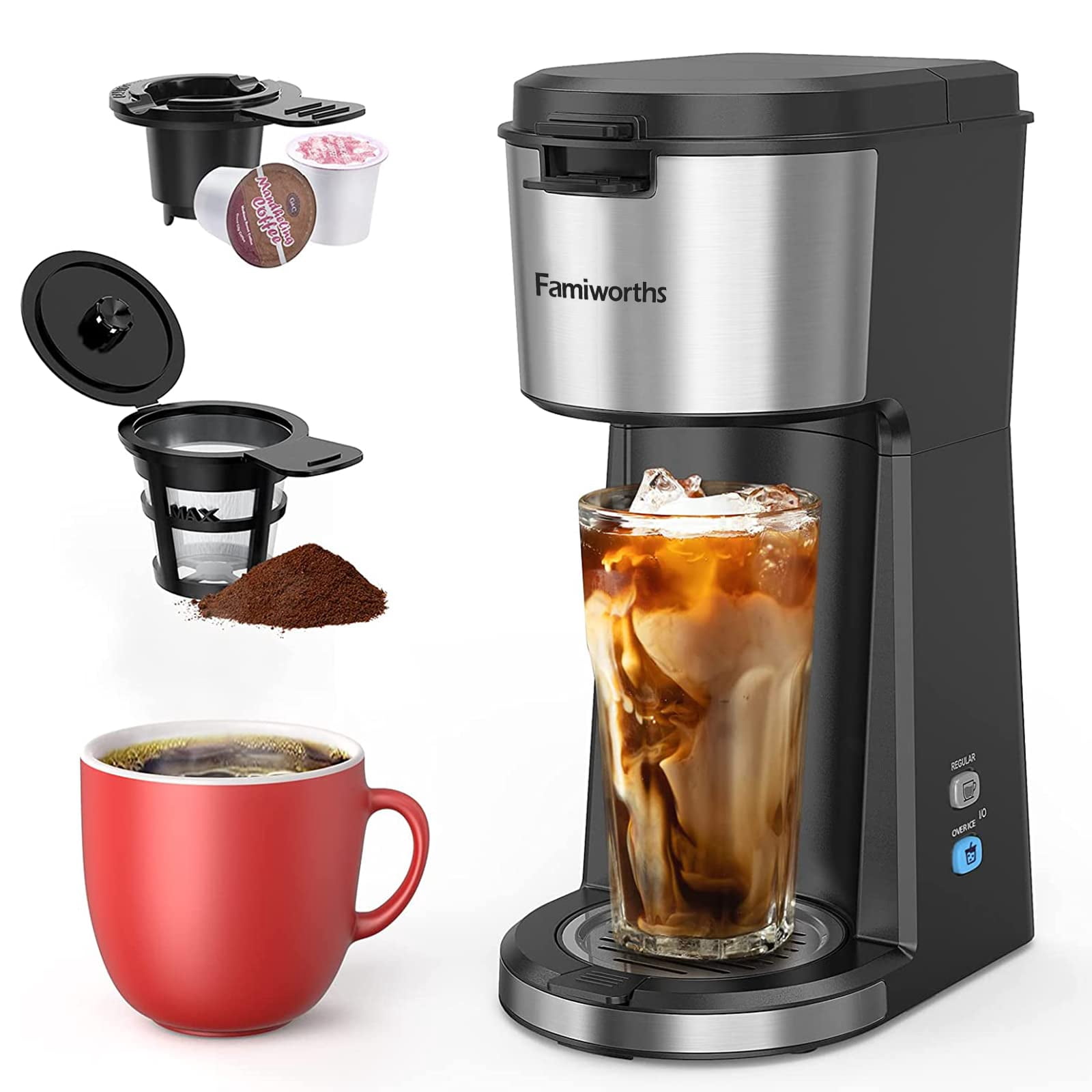 Strak Iced Coffee Maker, Hot and Cold Coffee Maker Single Serve for K Cup and Ground, with Descaling Reminder and Self Cleaning, Iced Coffee Machine for Home, Office and RV