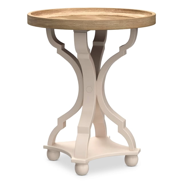COZAYH Table de Chevet Ronde Rustique en Bois avec Plateau d'Accent, Pattes Courbées Blanches