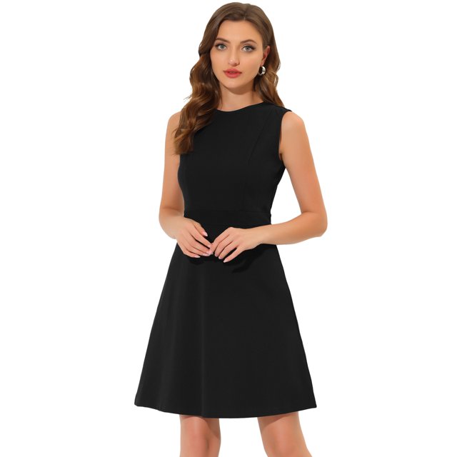 INSPIRE CHIC Robe Midi Évasée Sans Manches de Travail pour Femme, Couleur Unie, Ligne A, Noir G