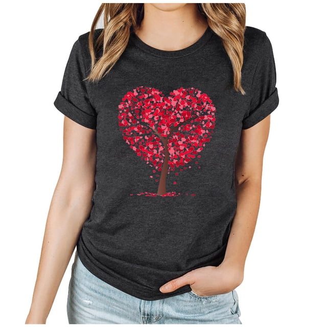 RKSTN Hauts pour Femmes 2024 Nouvelle Mode Printemps Été Col Rond Manches Courtes Hauts Imprimé Cœur d'Amour Saint-Valentin Blouse Décontractée Ample